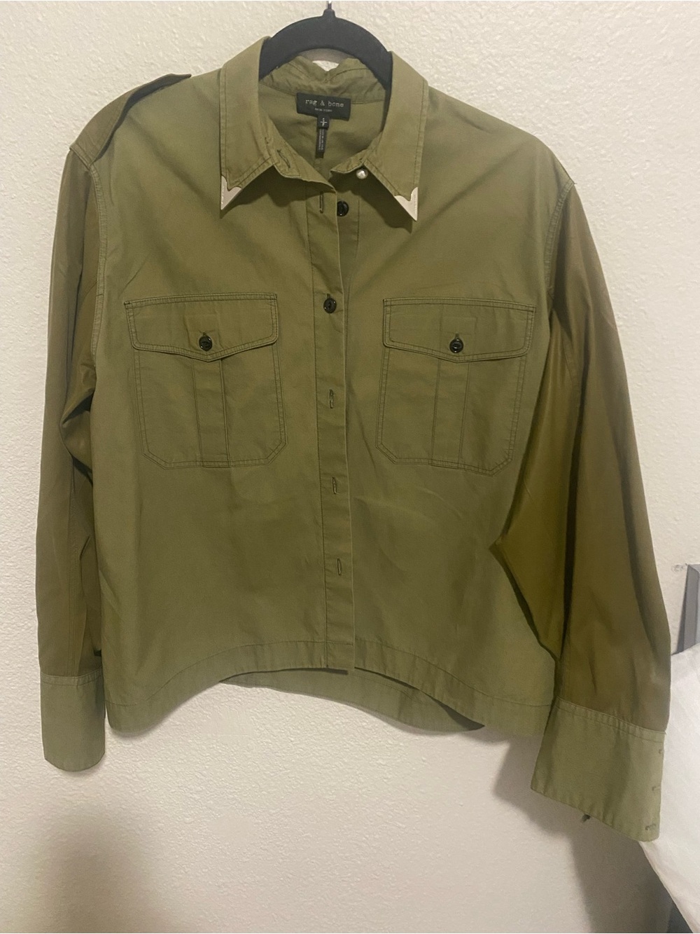 rag & bone Olive Military-Style Button Down Shirt with Contrast Collar Tips